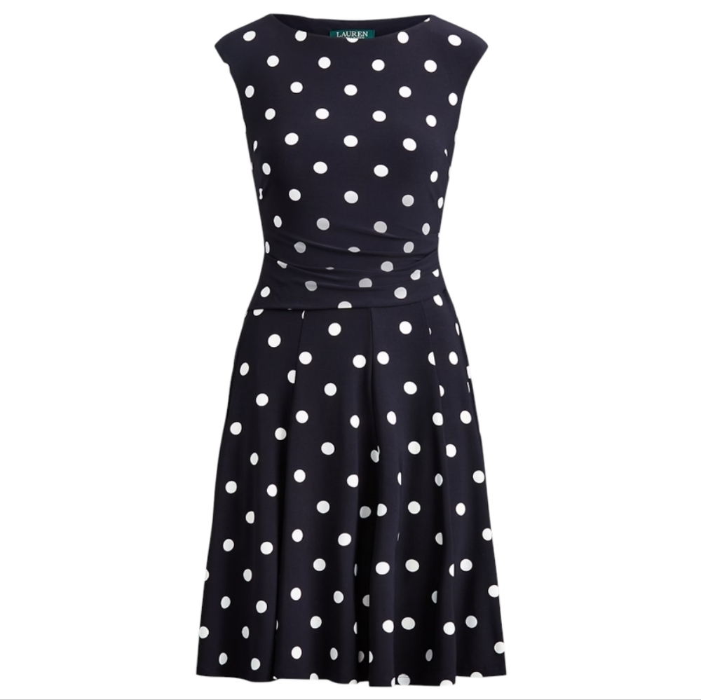NWT *Ralph Lauren Polka-Dot Jersey Sleeveless Black/White Dress Boat Neck A-Line